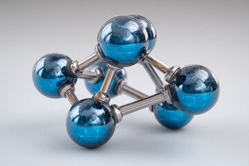 Aufkleber - Model of a molecular structure with blue spheres and silver connectors depicting chemical bonding concepts