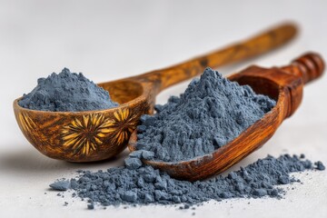 Poster - Natural blue pigment in wooden spoons displayed on a neutral background showcasing traditional craftsmanship