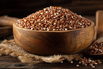 Poster - Healthy whole grains in a rustic wooden bowl on a textured surface showcasing quinoa seeds