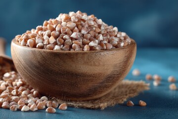 Poster - Whole grains in wooden bowl display nutritious buckwheat on rustic backdrop