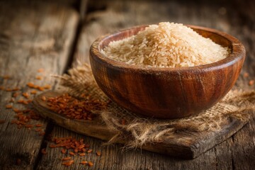 Poster - Bowl of uncooked rice on wooden table with rustic elements showcasing grains and textures