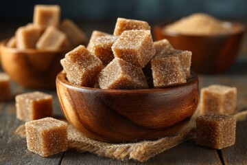 Poster - Brown sugar cubes are beautifully arranged in wooden bowls on a rustic wooden table, showcasing natural and organic sweetness