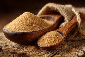 Aufkleber - Brown sugar in wooden bowls on burlap fabric arranged on a rustic wooden table