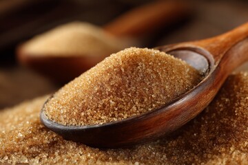 Aufkleber - Brown sugar in wooden spoon on rustic wooden surface with granulated sugar surrounding it