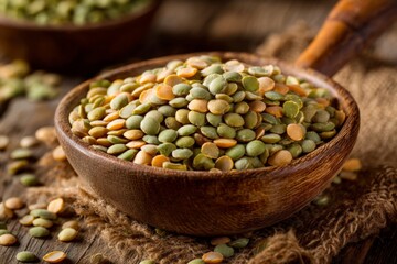 Poster - Colorful lentils in a wooden bowl on rustic table ready for cooking in a healthy meal preparation