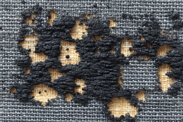 Poster - Textile with significant damage showing dark burn marks on fabric surface and underlying neutral weave pattern during detailed inspection