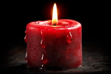 Poster - Red candle burning softly in a dark space with melted wax dripping down its side