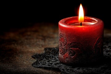 Aufkleber - Flickering red candle casting warm light on dark lace background during a quiet evening