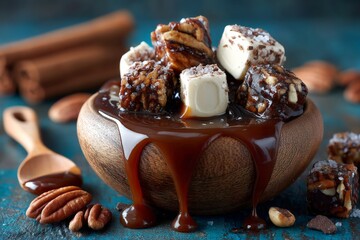 Poster - Delicious chocolate fudge dessert with nuts served in a wooden bowl on a rustic table