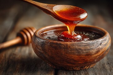 Aufkleber - Natural honey drips from a wooden spoon into a rustic bowl on a wooden table