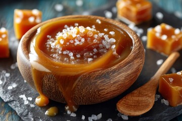 Aufkleber - Caramel sauce with sea salt in a wooden bowl surrounded by caramel candies on a dark slate surface