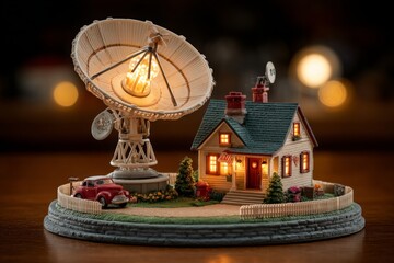 Aufkleber - Detailed miniature model of a cozy house with a satellite dish glowing at night