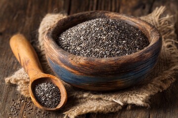 Aufkleber - Chia seeds in rustic wooden bowl with wooden scoop placed on burlap fabric in natural light