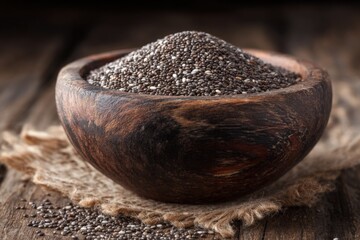 Poster - Chia seeds in a wooden bowl on a rustic burlap cloth during midday lighting