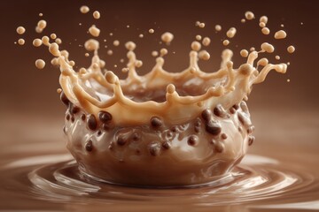 Poster - Chocolate splash creates dynamic crown shape in liquid pool during dessert preparation