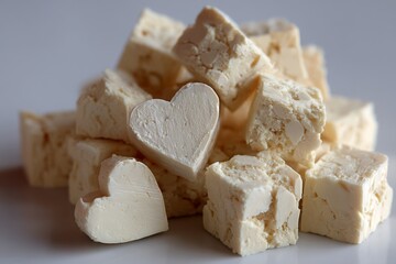 Poster - Sweet heart-shaped treats and square confections arranged pleasingly on a surface