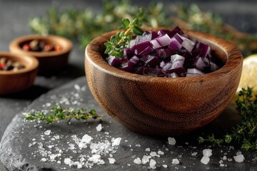 Poster - Freshly chopped purple onions in a wooden bowl with herbs and salt on a slate surface