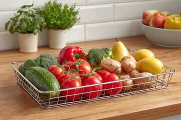 Poster - Fresh vegetables and fruits neatly arranged in a wire basket on a wooden kitchen countertop during daylight
