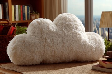 Poster - Cozy cloud-shaped pillow positioned on a table beside a window overlooking a cityscape during daylight