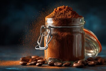 Aufkleber - Rich cocoa powder spills from a jar surrounded by coffee beans on a dark surface
