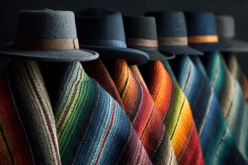 Poster - Colorful woven blankets and stylish hats displayed in a cozy setting highlighting craftsmanship and culture