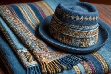 Poster - Handcrafted blue hat and woven textiles showcase traditional artistry and cultural heritage in vibrant colors