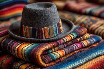 Poster - Colorful woven textiles and a stylish hat displayed in a market showcasing traditional craftsmanship
