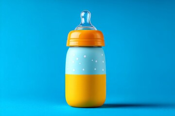 Poster - Bright colored baby bottle on a vibrant blue background showcasing playful design elements