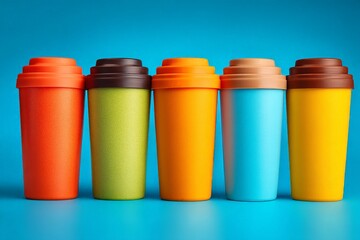 Poster - Colorful reusable coffee cups arranged on a bright background in a modern setting