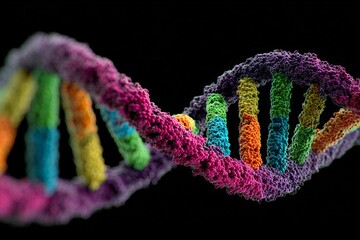 Poster - Colorful 3D rendering of a DNA double helix structure showcasing intricate details of genetic material and molecular components