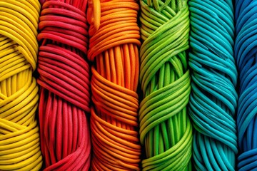 Poster - Colorful strands of cord arranged neatly in a vibrant pattern on a textile background