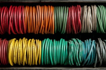 Poster - Colorful coiled wires neatly arranged in storage box showcasing variety of hues and thickness