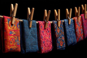 Poster - Colorful fabrics hanging on a line with wooden clips in a bright display of textiles