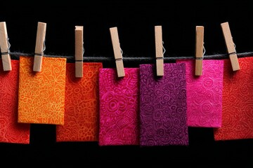 Poster - Colorful fabric swatches hanging on a line illuminated against a dark background