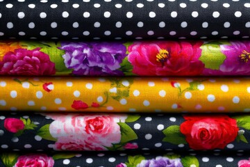 Aufkleber - Vibrant floral and polka dot fabric collection showcasing rich colors and patterns in a textile shop