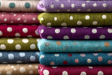 Aufkleber - Colorful rolled fabrics arranged in a stack displaying polka dot patterns for textile enthusiasts
