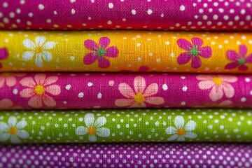Aufkleber - Colorful patterned fabrics stacked in vibrant floral and polka dot designs suitable for crafting and sewing projects