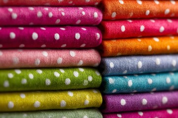 Poster - Vibrant fabric stacked in colorful layers displaying polka dots at a textile market in daylight
