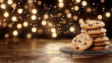 Aufkleber - Stack of freshly baked cookies on cooling rack with warm, glowing bokeh background creates cozy and inviting atmosphere. chocolate chip cookies look delicious and tempting