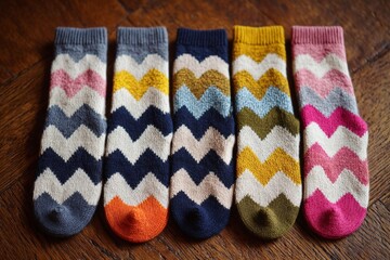 Poster - Colorful zigzag patterned socks arranged neatly on a wooden surface with warm lighting