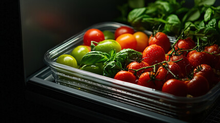 Poster - Variety of fresh tomatoes and basil leaves are stored in glass container inside refrigerator, showcasing vibrant colors and freshness