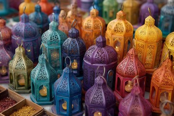 Poster - Colorful handcrafted lanterns displayed at a market during the evening hours in a vibrant outdoor setting