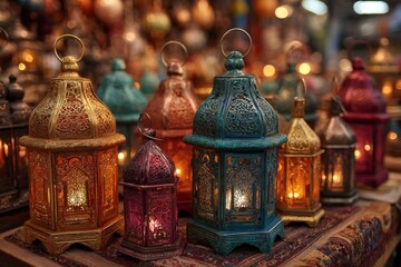 Aufkleber - Colorful lanterns displayed in a vibrant market setting during the evening hours