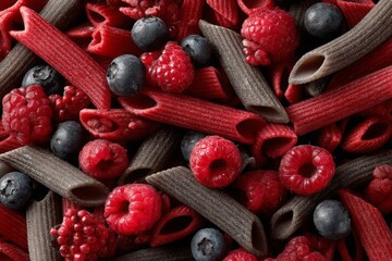 Poster - Vibrant pasta dish with mixed berries showcasing a unique blend of colors and textures on a bright background