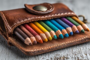Poster - Colorful pencils neatly arranged in a vintage leather case on a rustic wooden surface