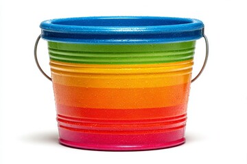 Poster - Colorful striped bucket with droplets of water against a plain background showcasing its vibrant design