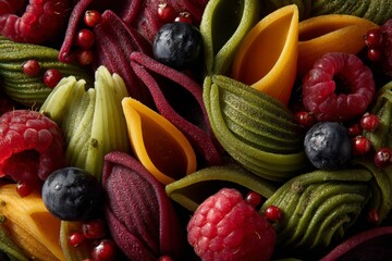Poster - Colorful pasta assortment with berries presented in an artistic arrangement for culinary display