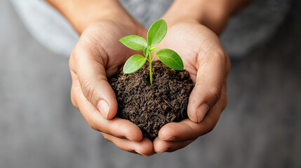 Poster - Pair of hands gently cradles small green plant sprouting from rich, dark soil, symbolizing growth and environmental care. image conveys sense of nurturing and sustainability