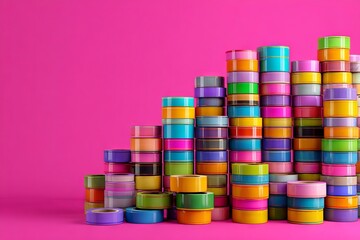 Aufkleber - Colorful collection of adhesive tape rolls arranged on a vibrant pink background in a creative workspace