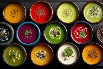 Poster - Colorful array of vibrant soups displayed in decorative bowls at a culinary event showcasing diverse flavors